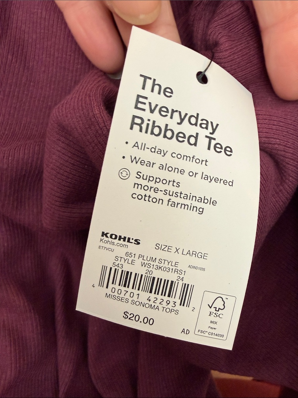 NWT Sonoma Ribbed Scoop-Neck Tee in Plum Size XL